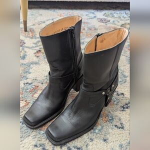 Frye Square Toe Chunky Heel Western Boots Calf High Size 8B Black